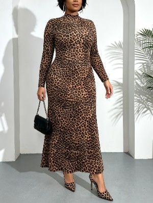 Leopard Mock Neck Mermaid Maxi Dress