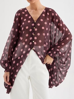 Floral Dots V Neck Lantern Sleeve Blouses