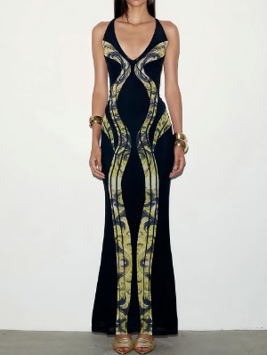 Graffiti Deep V Neck Sleeveless Maxi Dress