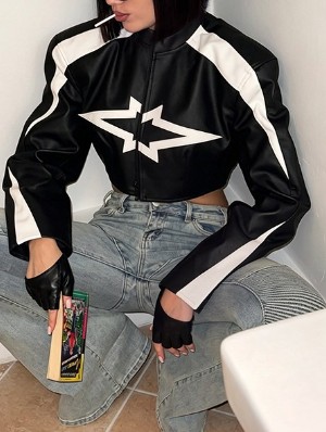 Striped Trim Star Cropped Zipper Peacoat