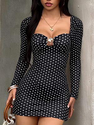 Chic Polka Dot Long Sleeve Bodycon Mini Dress 