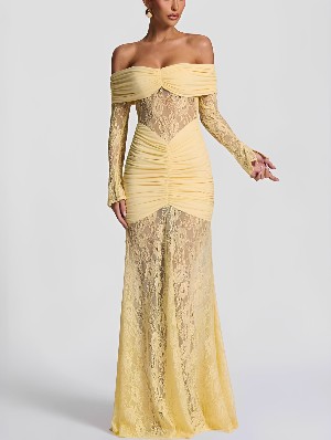 Lace Patchwork Off Shoulder Long Sleeve Maxi Dress