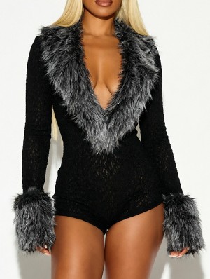 Fur Trim Deep V Neck Fitted Rompers