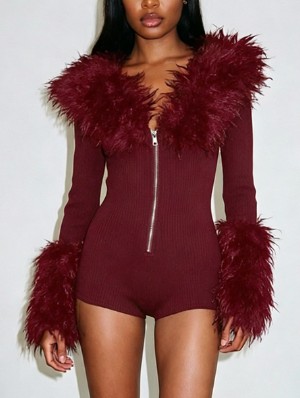 Fur Trim V Neck Zipper Skinny Rompers