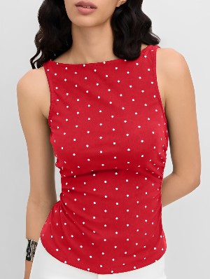 Polka Dot Boat Neck Ruched Sleeveless Cami Top