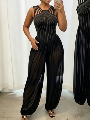 Embellished Sheer Gauze Sleeveless Jumpsuits