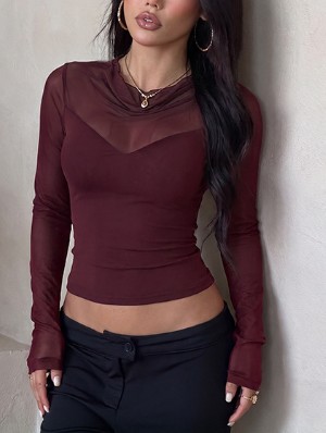 Lace Panel Round Neck Long Sleeve T-shirts