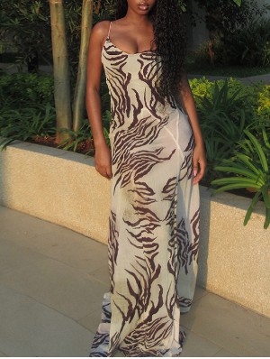 Zebra Spaghetti Straps Fitted Maxi Dress