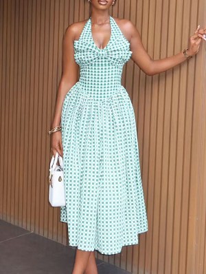 Contrast Plaid Halter V Neck A-line Maxi Dress