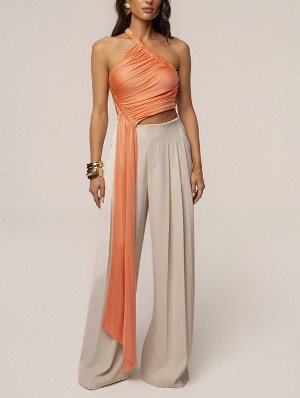 Ribbons One-shoulder Ruched Tanks