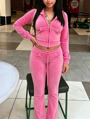 Velour Cropped Zipper Hooded Pant Sets