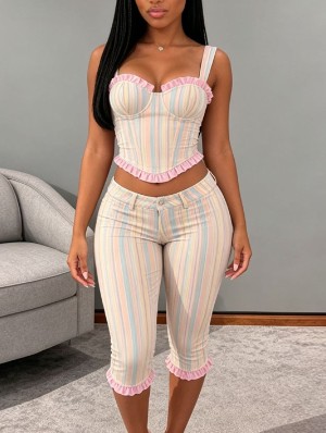 Contrast Striped Ruffle Tank Short Sets