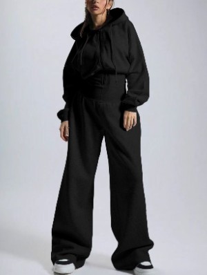 Solid Fleece Hooded Wide Leg Jumpsuits