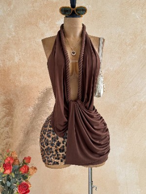 Leopard Sequin Halter Backless Mini Dress