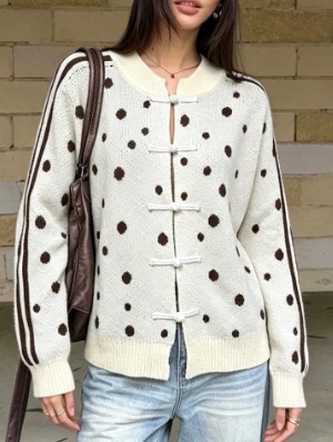 Polka Dots Striped Trim Knitted Cardigan