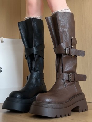 Belt Buckle Vintage PU Thigh-High Boots