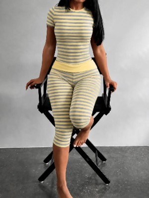 Colorblock Striped Bodycon Capri Pants Sets