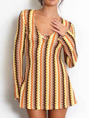 Colorblock V Neck Trumpet Sleeve Mini Dress