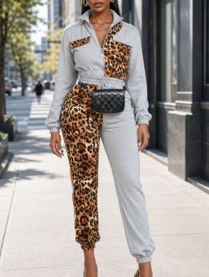 Leopard Contrast Lapel Ankle-tied Pant Sets