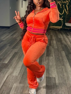 Striped Trim Velour Zipper Cropped Tracksuits