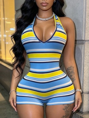 Striped Halter V Neck Backless Lace-Up Rompers