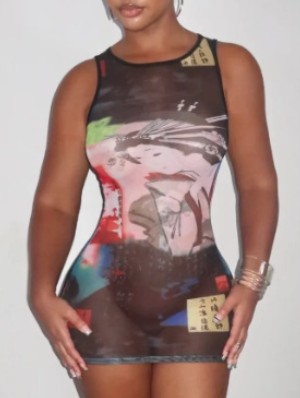 Sheer Abstract Printed Sleeveless Mini Dress
