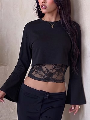 Lace Detail Faux Two-Piece Trumpet Sleeve T-shirts