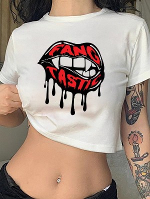 Lips Letter Printed Bodycon Cropped Tee