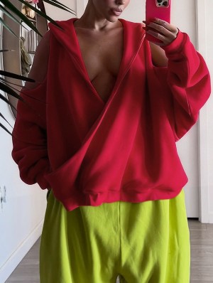 Loose Cold Shoulder V Neck Hoodies