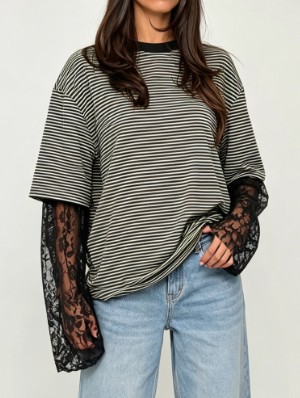 Lace Panel Striped Faux Two-Piece Tops
