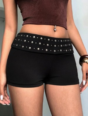 Rivet Metal Decor Foldover Bodycon Shorts