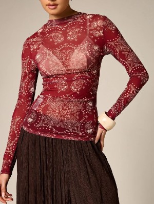 Contrast Paisley Gauze Sheer Fitted Tops