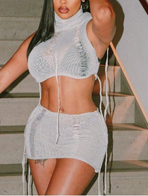 Knitted Ripped Cropped Hooded Skirt Sets