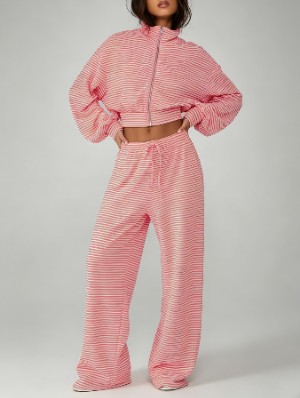Striped Zipper Coats Wide Leg Pant Sets