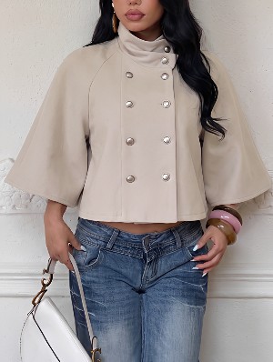 Stand Collar Double Breasted Cape Half Sleeve Coat