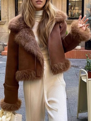 Suede Fur Trim Lapel Zipper Cropped Jackets