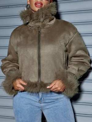 Vintage Suede Fur Trim Cropped Jackets