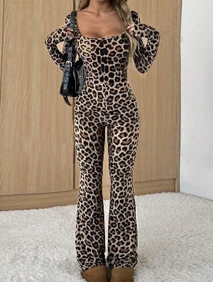 Fitted Bodycon Square Neck Leopard Print Jumpsuit