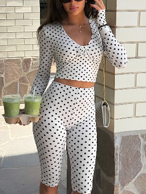 Sexy Polka Dot V Neck Fitted Long Sleeve Top Set