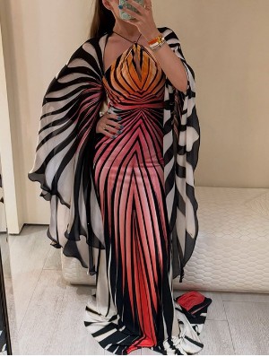 Zebra Batwing Sleeve Halter Backless Maxi Dress