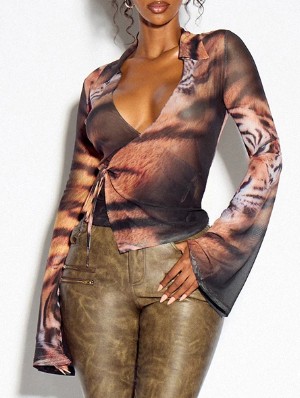 Tiger Striped Gauze Lace-Up Cropped Shirt
