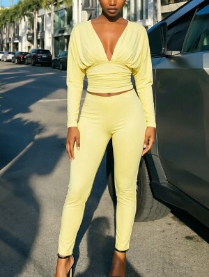 Ruched Deep V Neck Bodycon Pant Sets