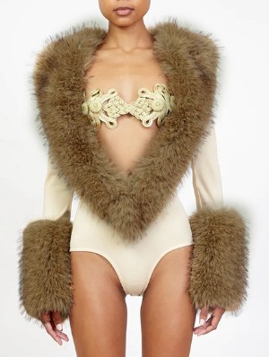 Fur Trim Deep V Neck Fitted Bodysuits