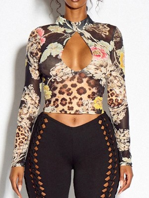 Floral Leopard Sheer Keyhole Cropped Tops