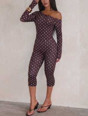 Polka Dot Asymmetric Neck Bodycon Capri Jumpsuit
