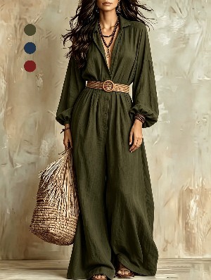 Boho Button Down Puff Sleeve Belted Jumpsuit
