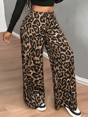 Leopard Print Drawstring Loose Wide Leg Pants