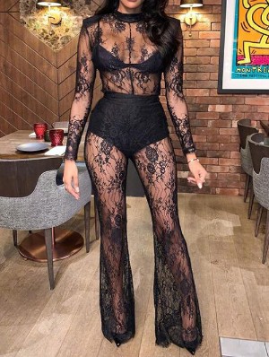 Floral Lace Detail Sheer Flared Jumpsuits