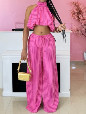 Contrast Striped Halter Cropped Pant Sets