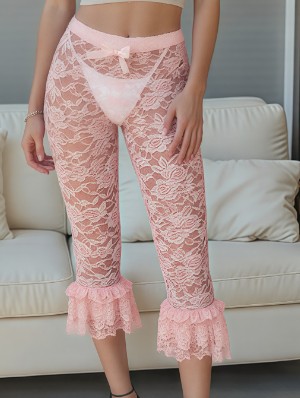 Bow Lace Detail Sheer Tiered Capri Pants
